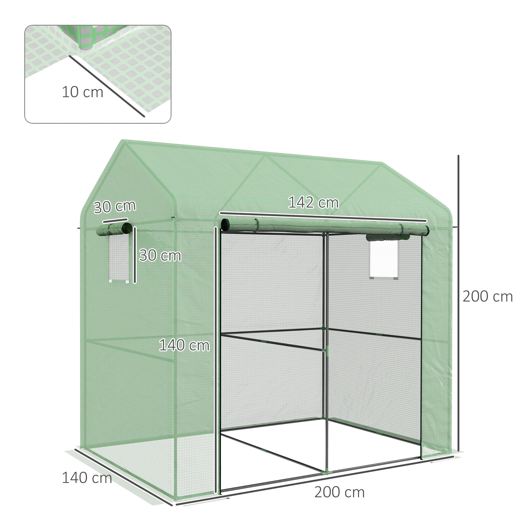 Serra a Casetta a 2 Sezioni con Porta e Finestre Avvolgibili 200x140x200 cm in Acciaio e PE Verde