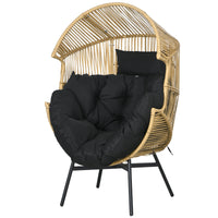 Poltrona da Giardino a Uovo con Poggiatesta e Cuscini per Seduta 89x75x143 cm in Rattan e Acciaio Sabbia e Nero