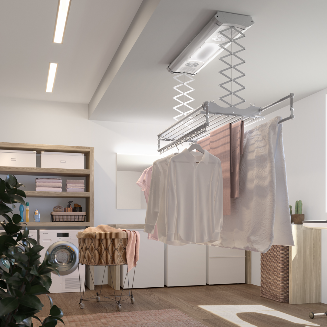 Stendibiancheria da soffitto, stendino elettrico ventilato e saliscendi grigio, Foxydry Air 122x57x30cm