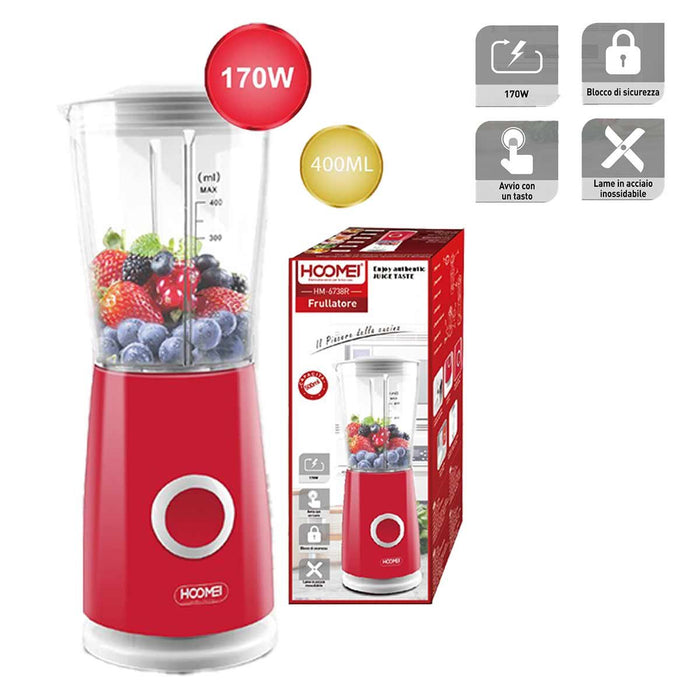 Frullatore Elettrico da Cucina 400mL 170W per Verdure e Frutta con Modalita Impulso 4 Lame Inox Colore Rosso