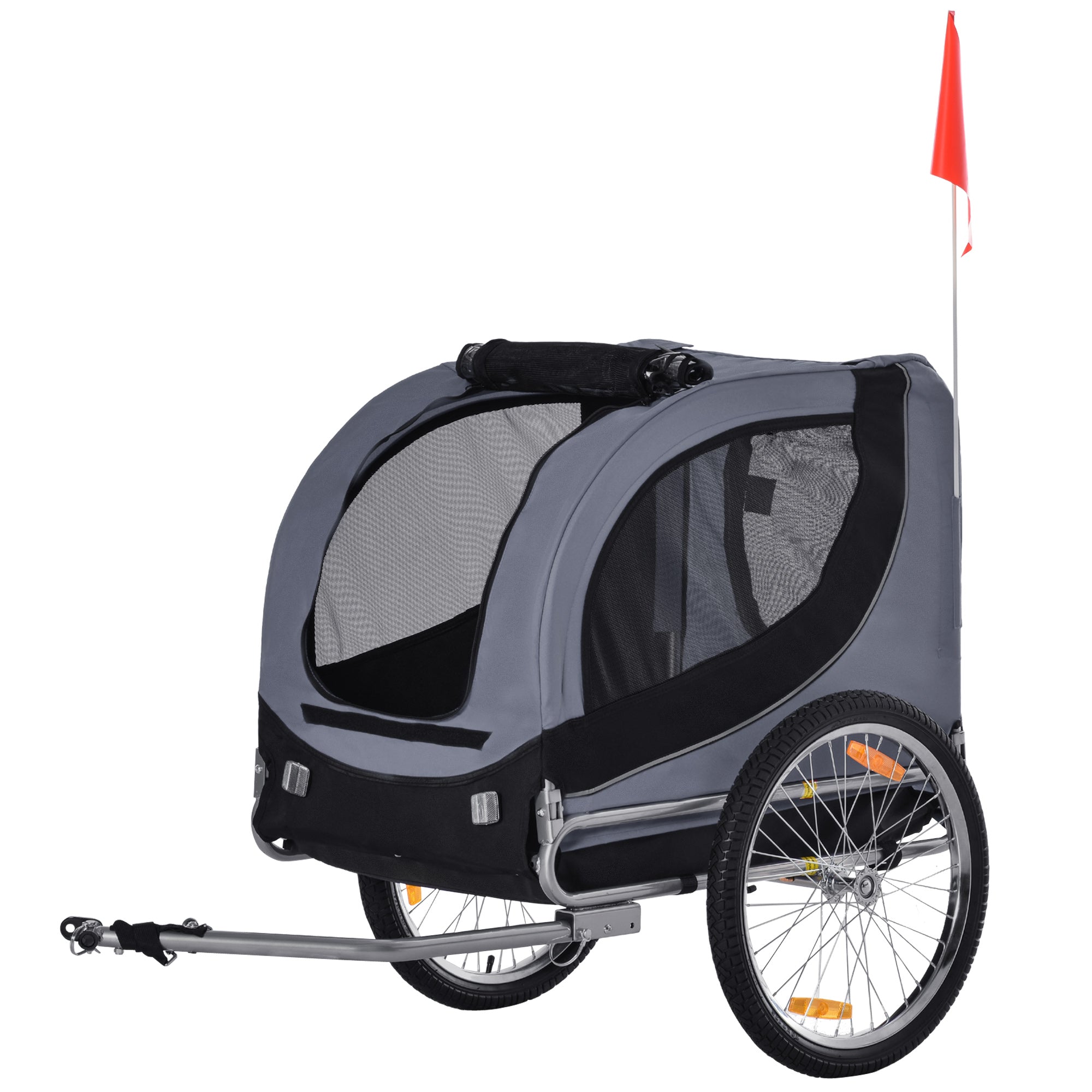 Rimorchio Bici per Cani Taglia Media con Finestre Laterali e Bandierina 130x73x90 cm  Grigio e Nero