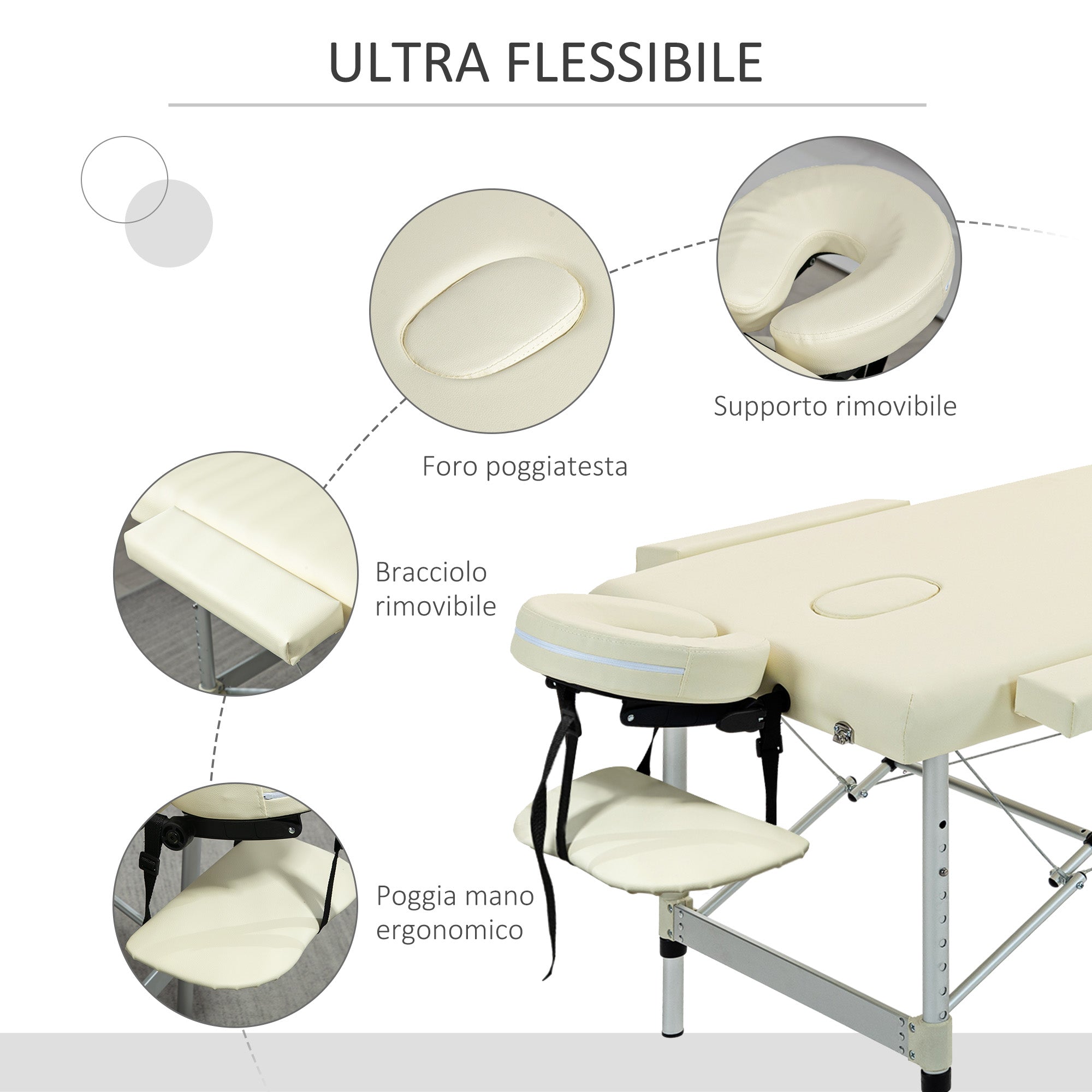 Lettino Massaggi Portatile Pieghevole 185x70x59-84 cm in Alluminio e Similpelle Bianco