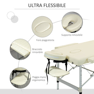 Lettino Massaggi Portatile Pieghevole 185x70x59-84 cm in Alluminio e Similpelle Bianco