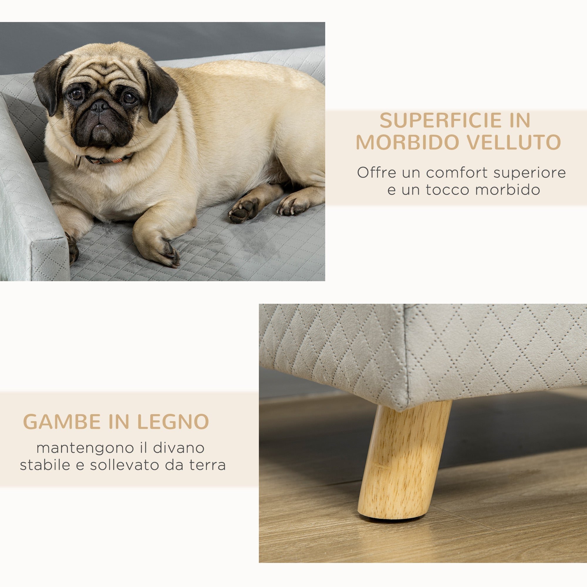 Cuccia Divanetto per Cani e Gatti Stile Scandinavo 64x45x36 cm Cuscino Imbottito in Velluto Grigio