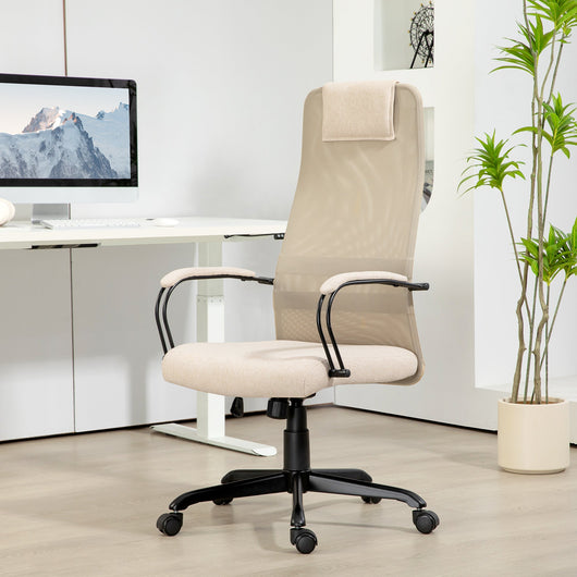 Sedia da Ufficio Ergonomica Girevole con Reclinazione Altezza Regolabile 58x61x115-125 cm Beige