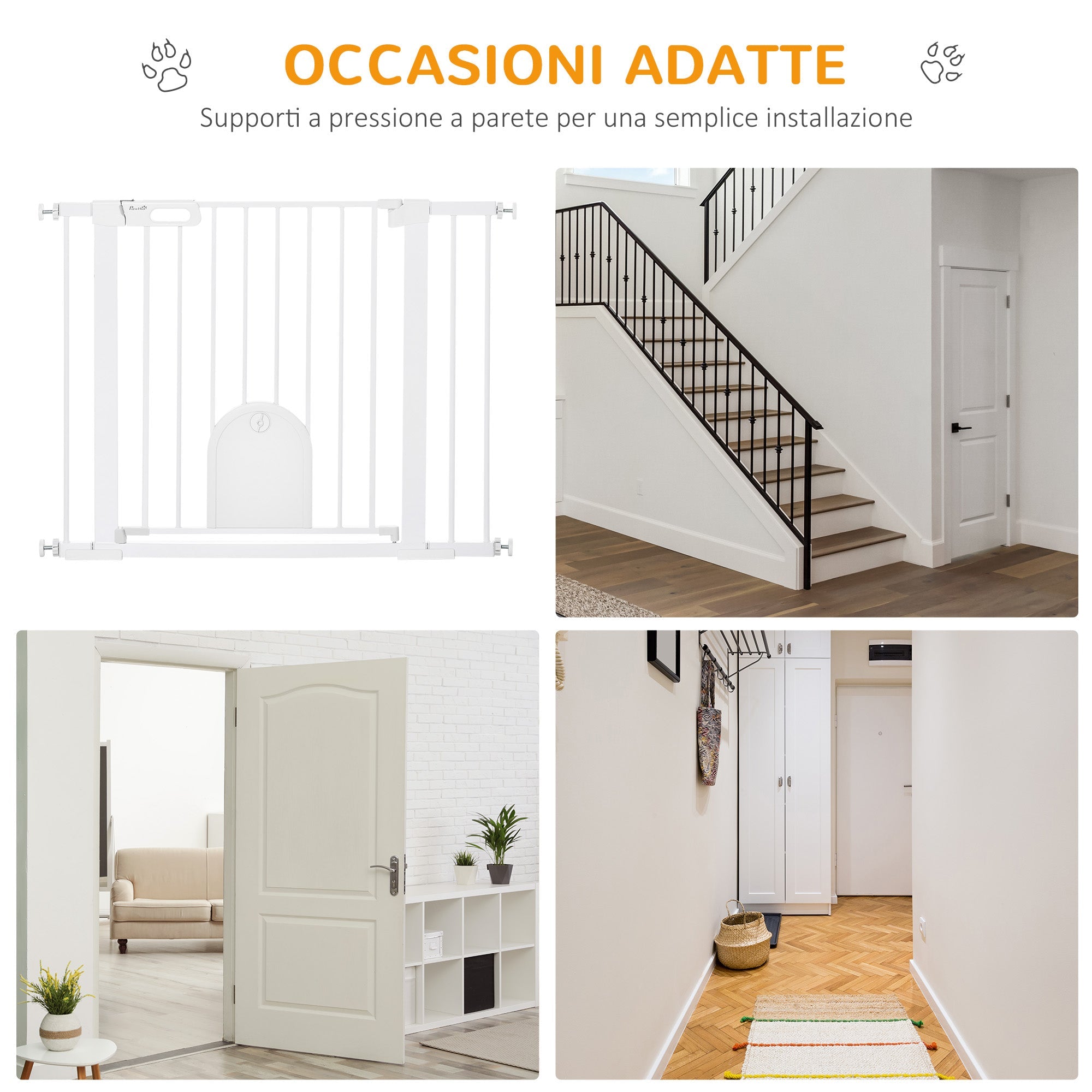 Cancelletto di Sicurezza per Cani con Porta Piccola Regolabile e Chiusura Automatica 75-103x76 cm Bianco