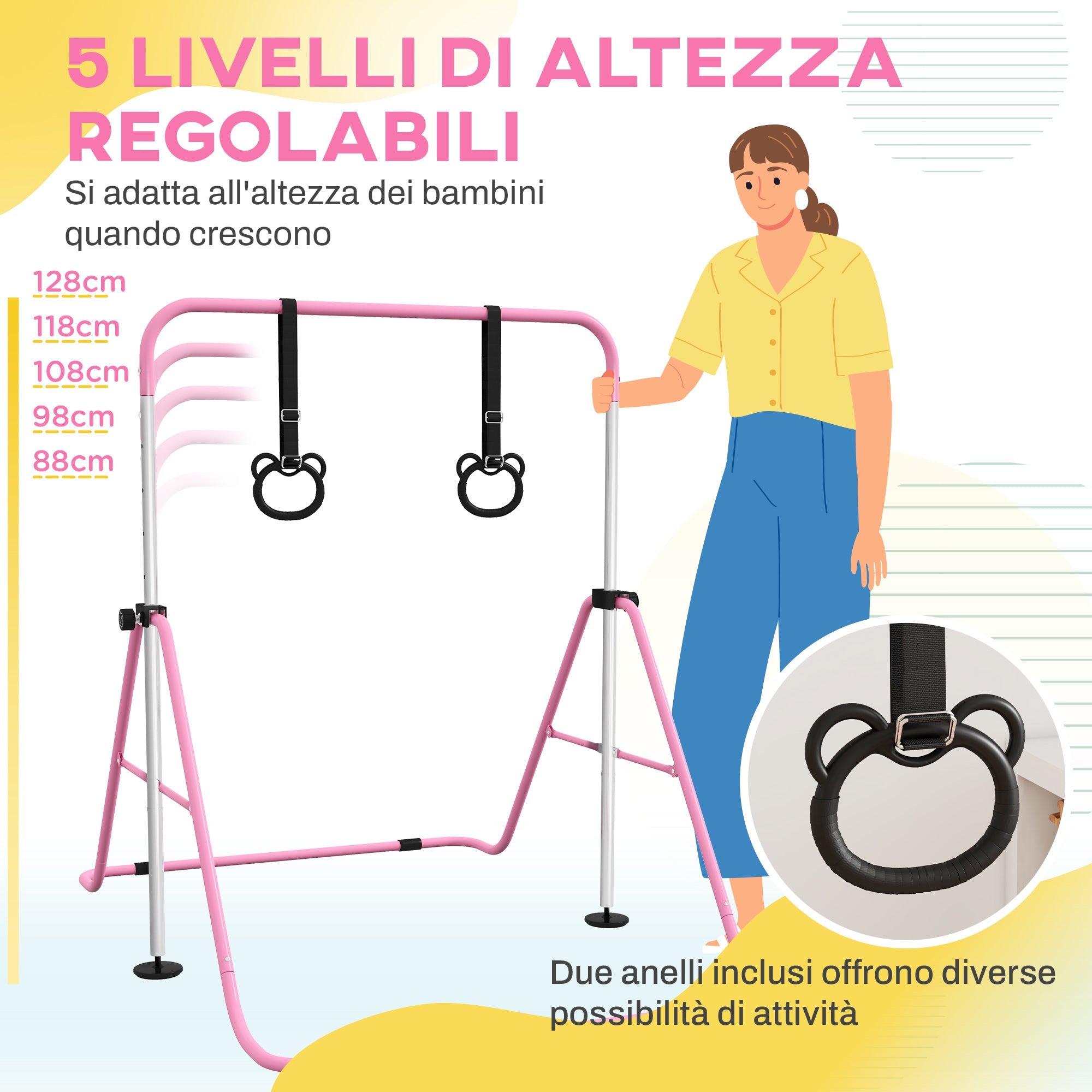 Sbarra per Ginnastica Artistica per Bambini Altezza Regolabile 88-128 cm 2 Anelli Rosa