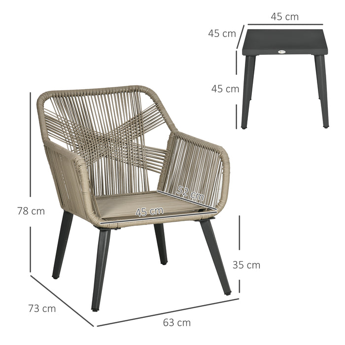 Set Tavolino e 2 Sedie da Giardino in Rattan PE e Acciaio Grigio