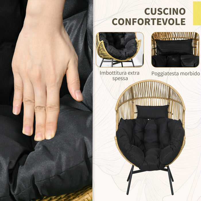 Poltrona da Giardino a Uovo con Poggiatesta e Cuscini per Seduta 89x75x143 cm in Rattan e Acciaio Sabbia e Nero