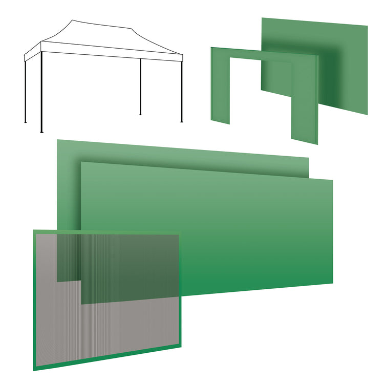 Set completo per gazebo 3x4m: 2 teli laterali 4,5 + 1 telo laterale 3m + telo porta + telo zanzariera verde