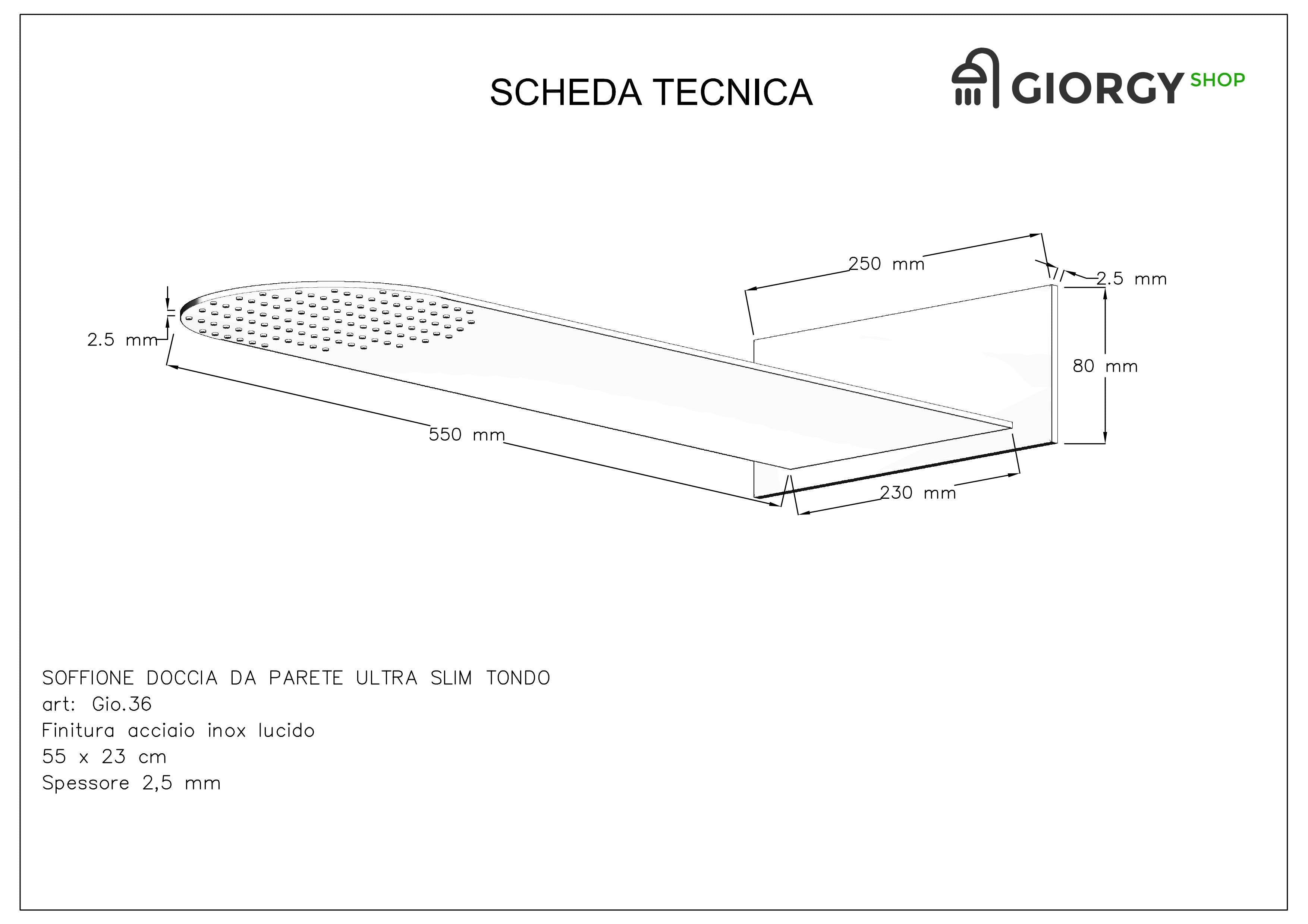 Kit Doccia 2 Vie Soffione Acciaio Inox Slim 2,5 mm + Presa Acqua + Flessibile + Doccino Soffione Tondo 55x23 cm