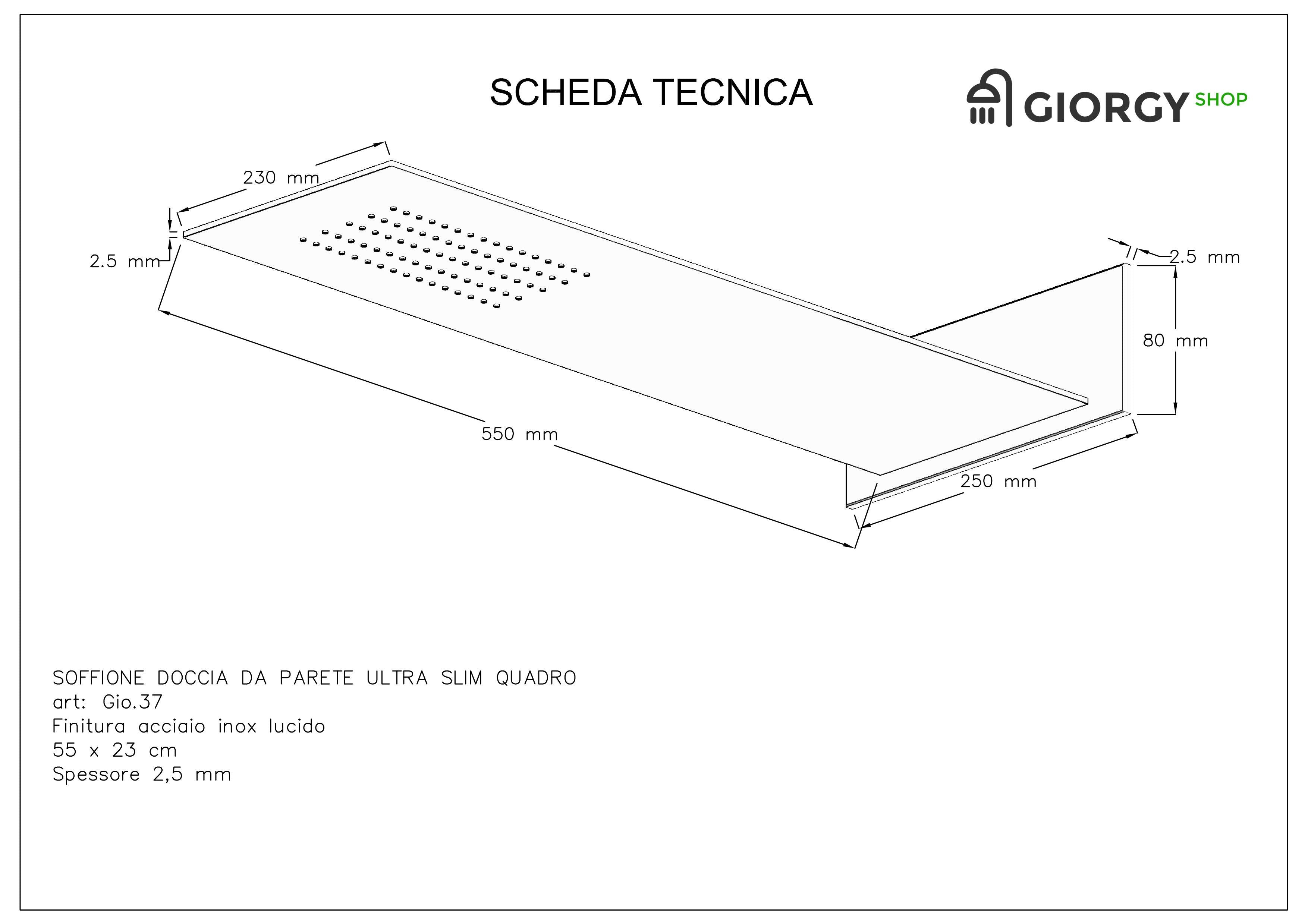 Kit Doccia 2 Vie Soffione Acciaio Inox Slim 2,5 mm + Presa Acqua + Flessibile + Doccino Soffione Rettangolare 55x23 cm 