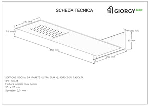 Kit Doccia 3 Vie Soffione Rettangolare Acciaio Inox 55x23 cm Slim 2,5 mm con Cascata Cervicale + Presa Acqua + Flessibile + Doccino