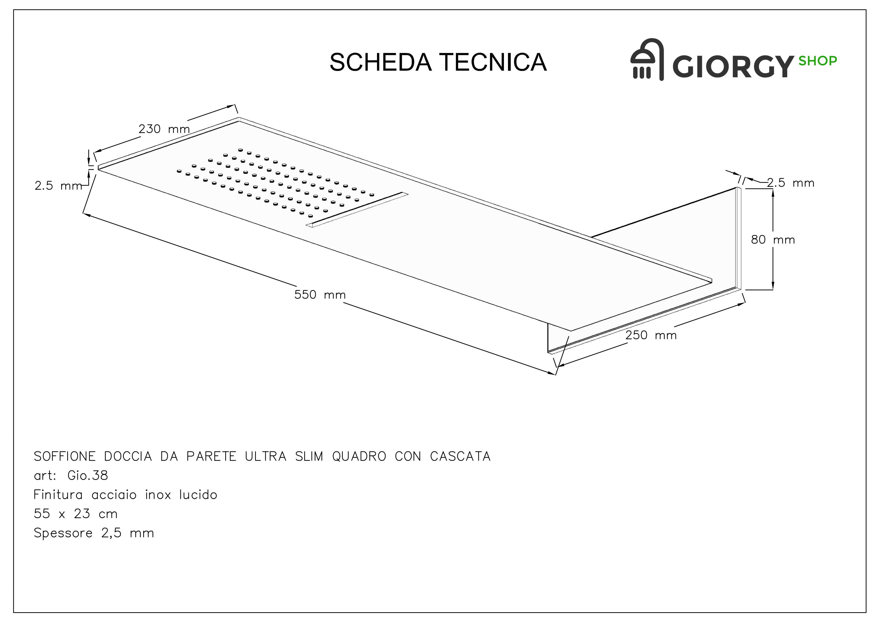 Kit Doccia 3 Vie Soffione Rettangolare Acciaio Inox 55x23 cm Slim 2,5 mm con Cascata Cervicale + Presa Acqua + Flessibile + Doccino