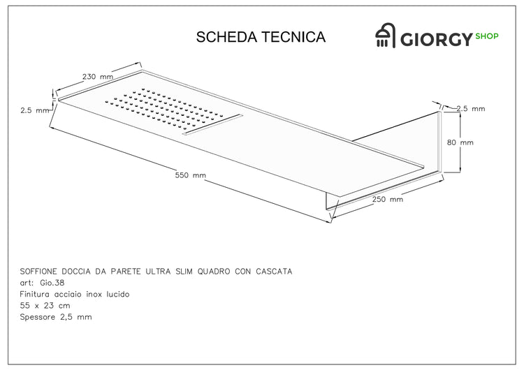 Kit Doccia 3 Vie Soffione Rettangolare Acciaio Inox 55x23 cm Slim 2,5 mm con Cascata Cervicale + Presa Acqua + Flessibile + Doccino