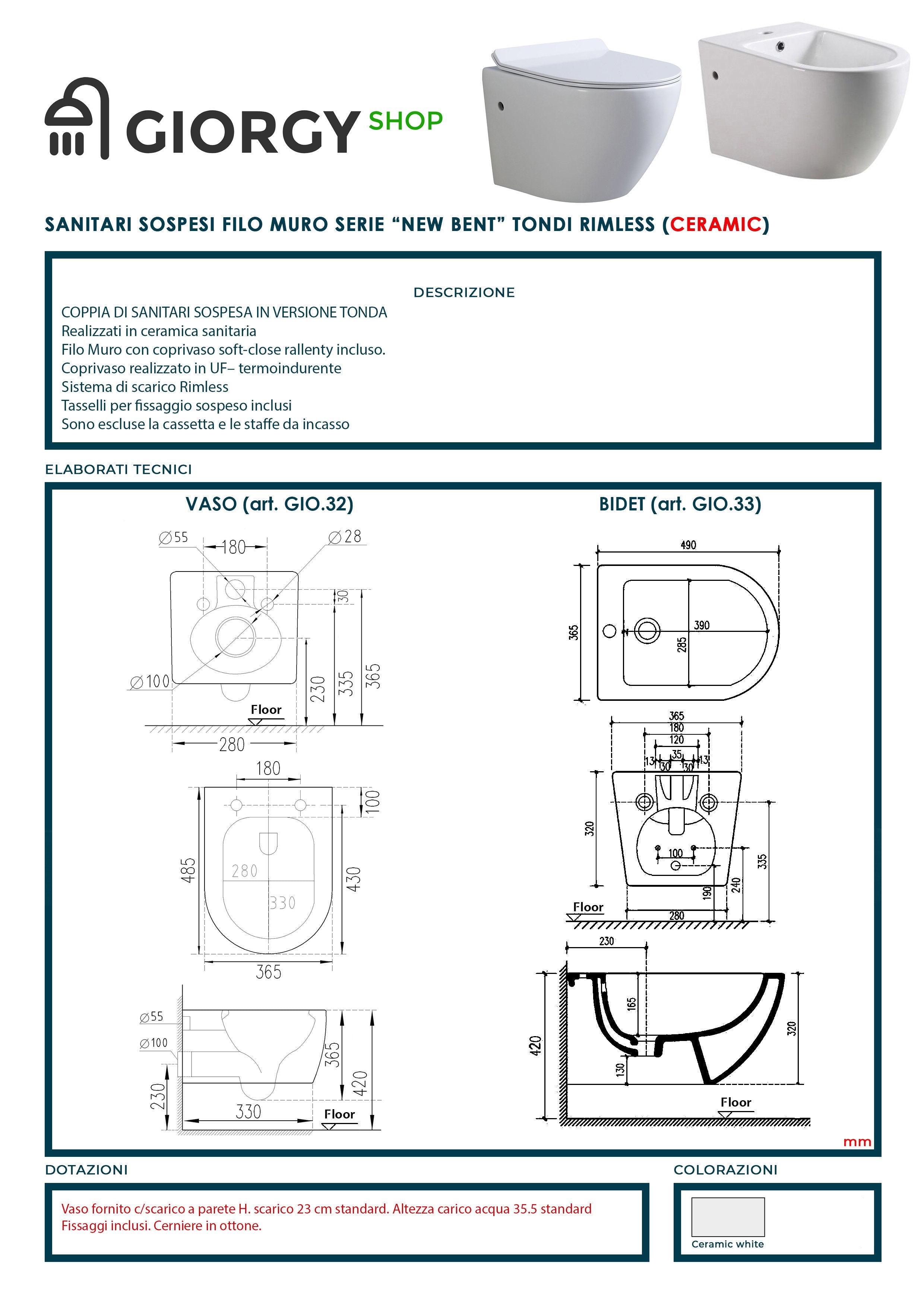 Coppia Sanitari Sospesi Rimless senza brida linea tonda dimensioni ridotte coprivaso soft-close  