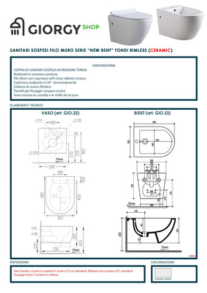 Coppia Sanitari Sospesi Rimless senza brida linea tonda dimensioni ridotte coprivaso soft-close  