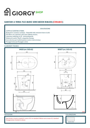 Moon Coppia di Sanitari a Terra Senza Brida con scarico Rimless , wc , Bidet e Coprivaso soft-close , Fissaggi e curva tecnica inclusa 