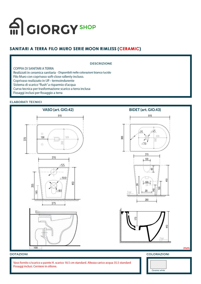 Moon Coppia di Sanitari a Terra Senza Brida con scarico Rimless , wc , Bidet e Coprivaso soft-close , Fissaggi e curva tecnica inclusa 