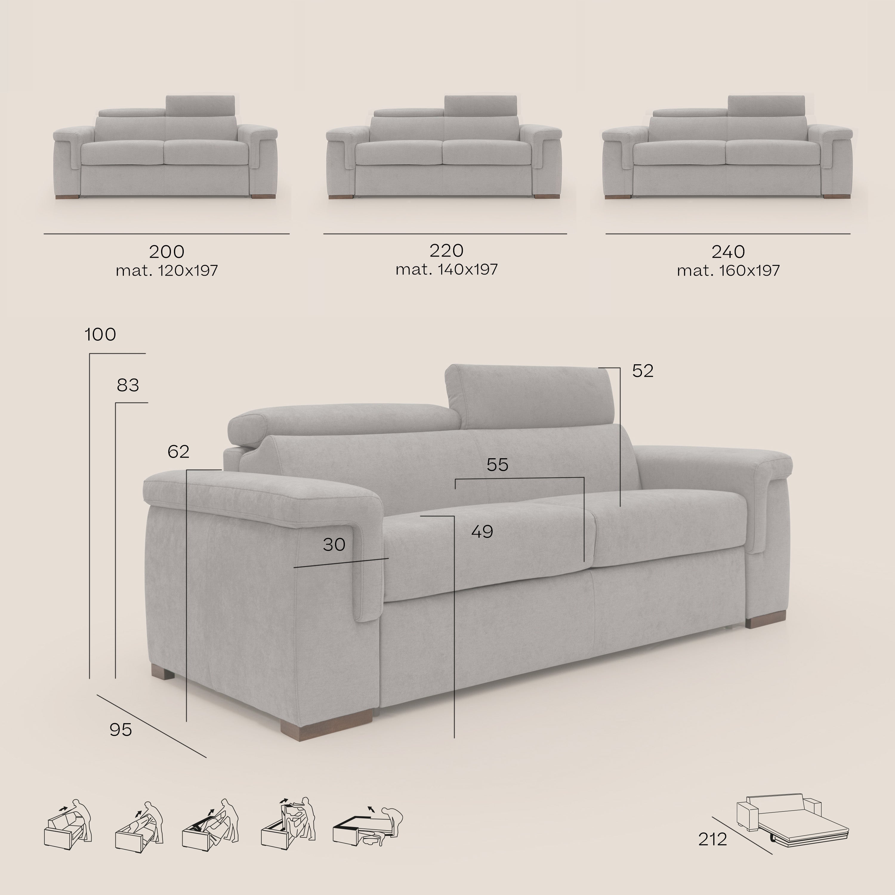 Divano Letto 3 Posti 200x100x95 cm in Tessuto Blu