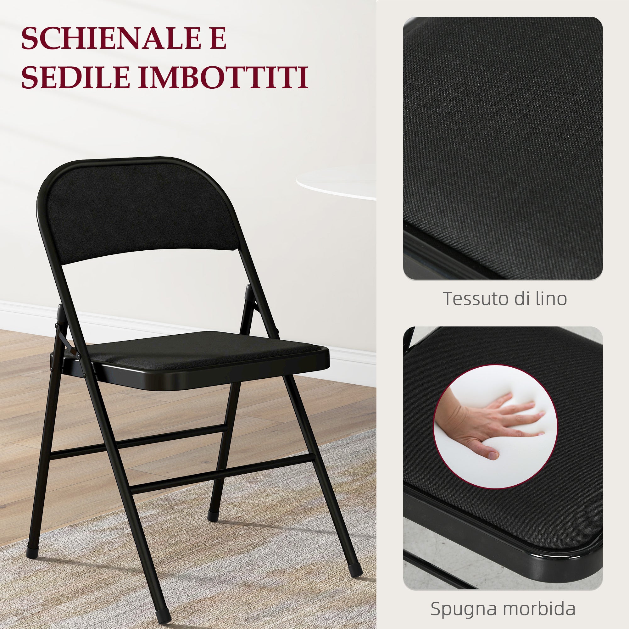 Set 4 Sedie Pieghevoli con Seduta Imbottita e Struttura in Acciaio Nero