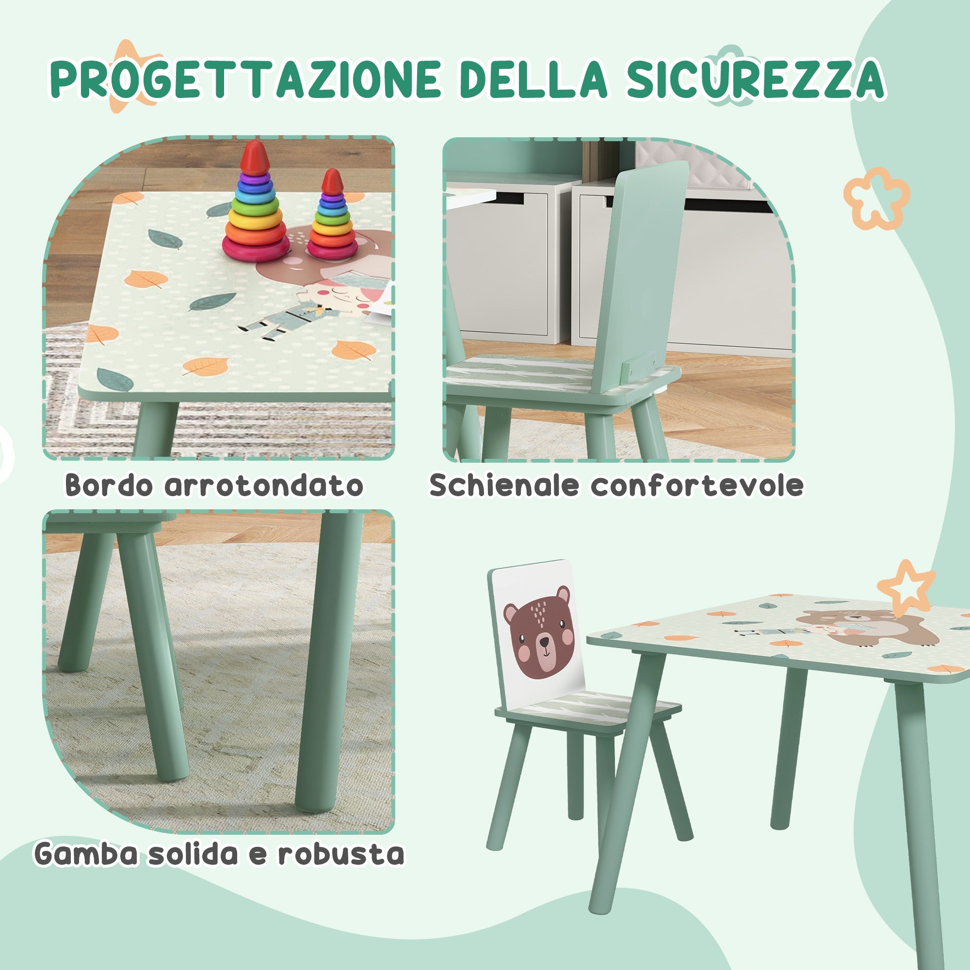 Set Tavolo con 2 Sedie per Bambini in Legno di Pino e MDF Verde