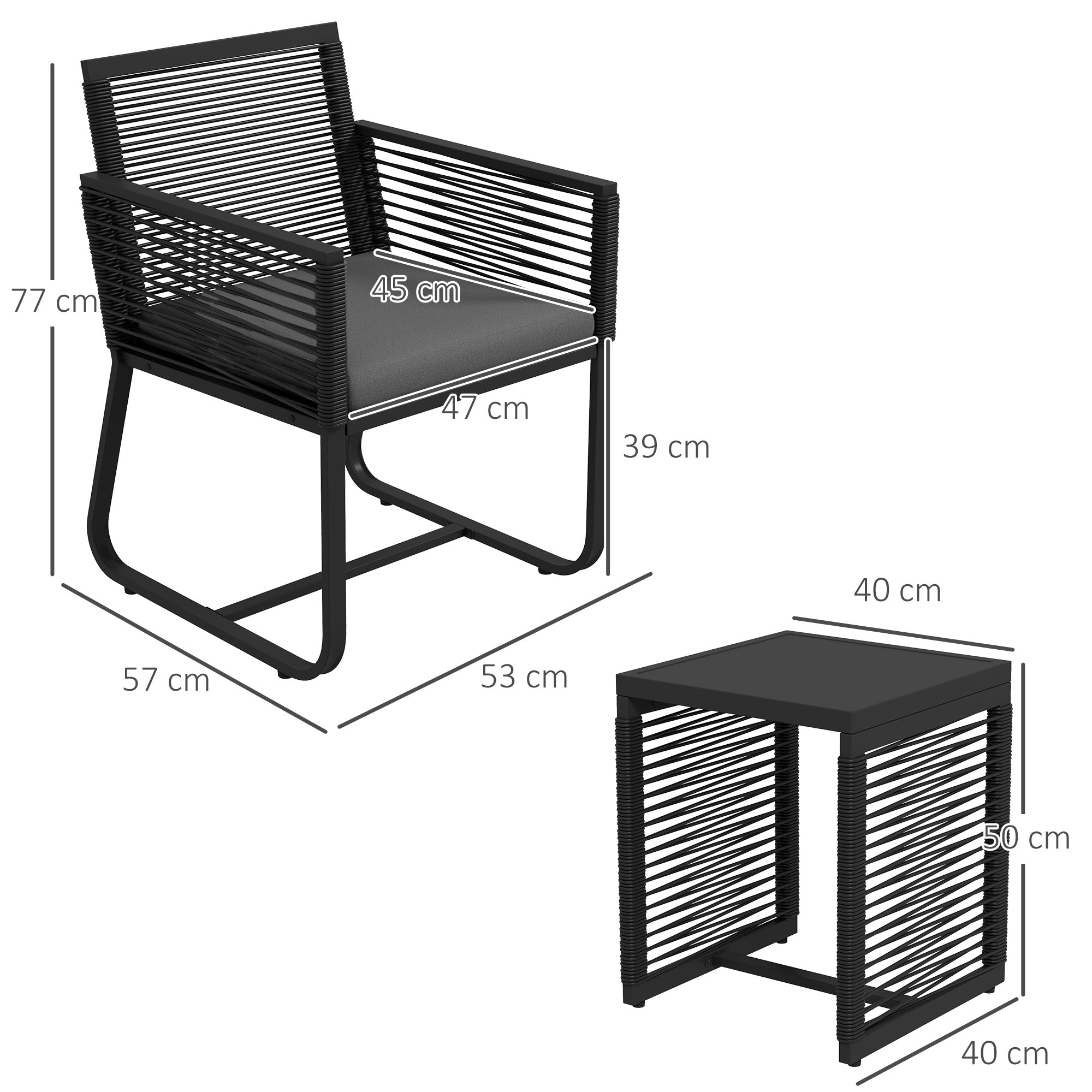 Set Tavolino e 2 Poltroncine con Cuscini da Giardino in Rattan PE Acciaio e Poliestere Nero