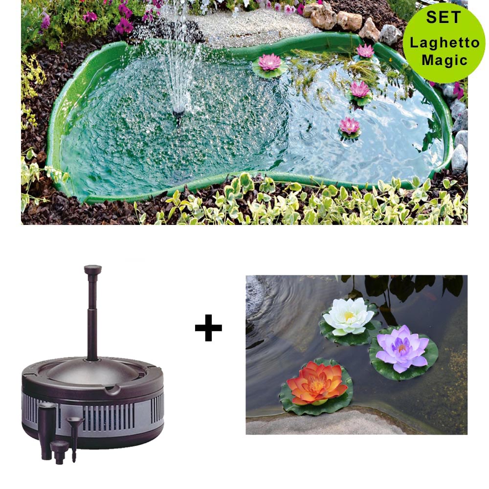 Set laghetto per giardino da 610 lt + pompa filtro ecopond 2 + 3 ninfee decorative laghetto magic