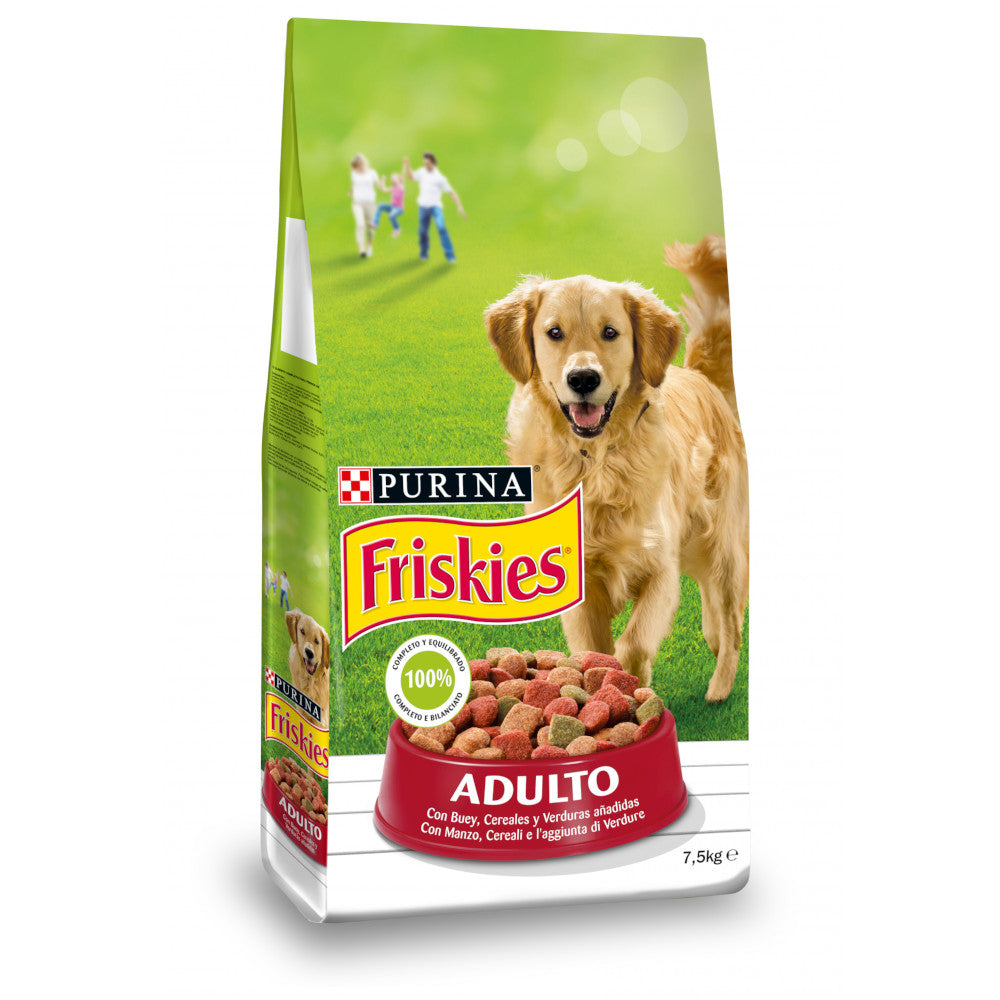 Purina friskies crocchette con manzo e aggiunta di verdure per cani adulti confezione da 7,5 kilogram