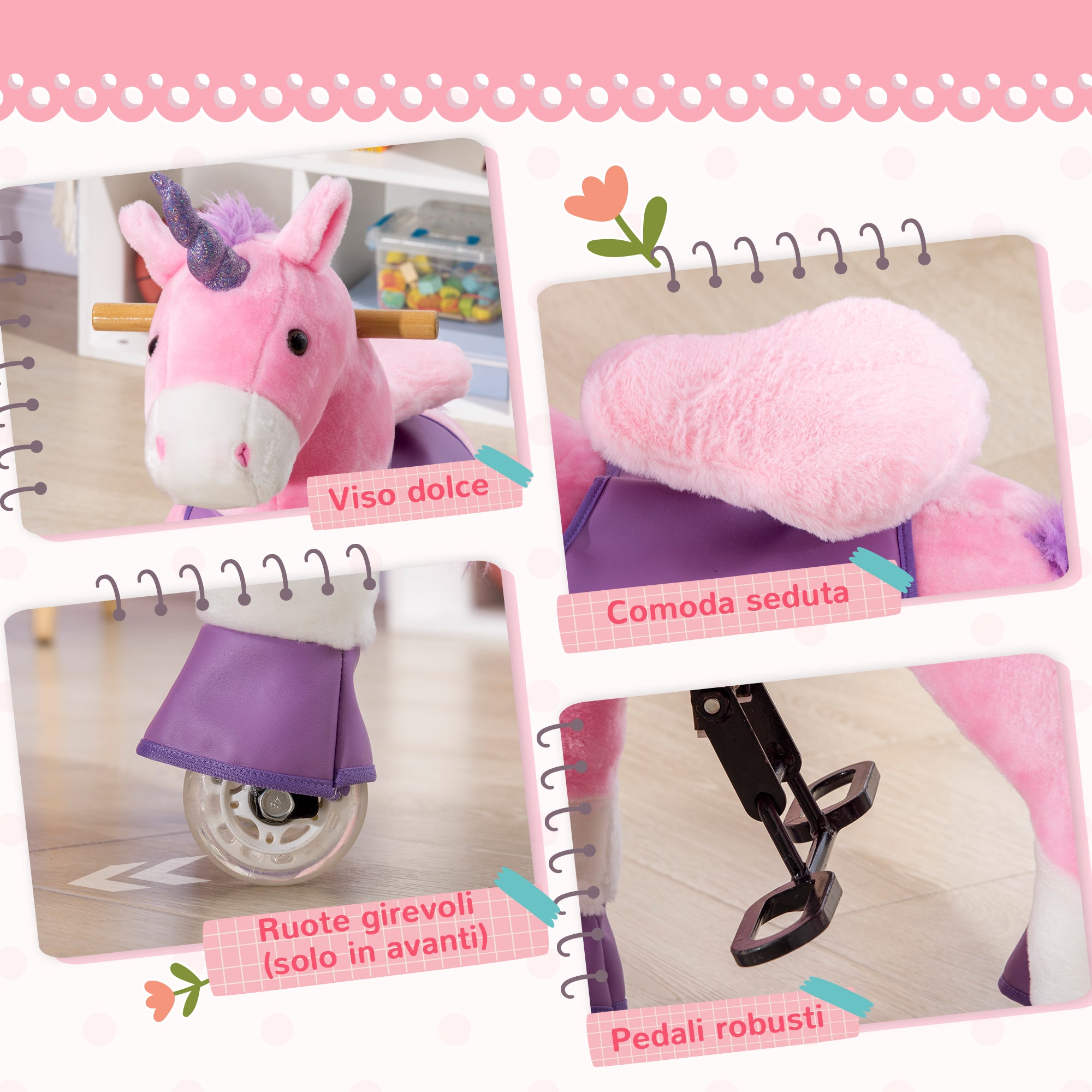 Cavallo a Dondolo per Bambini 70x32x87 cm con Ruote a Forma di Unicorno Rosa