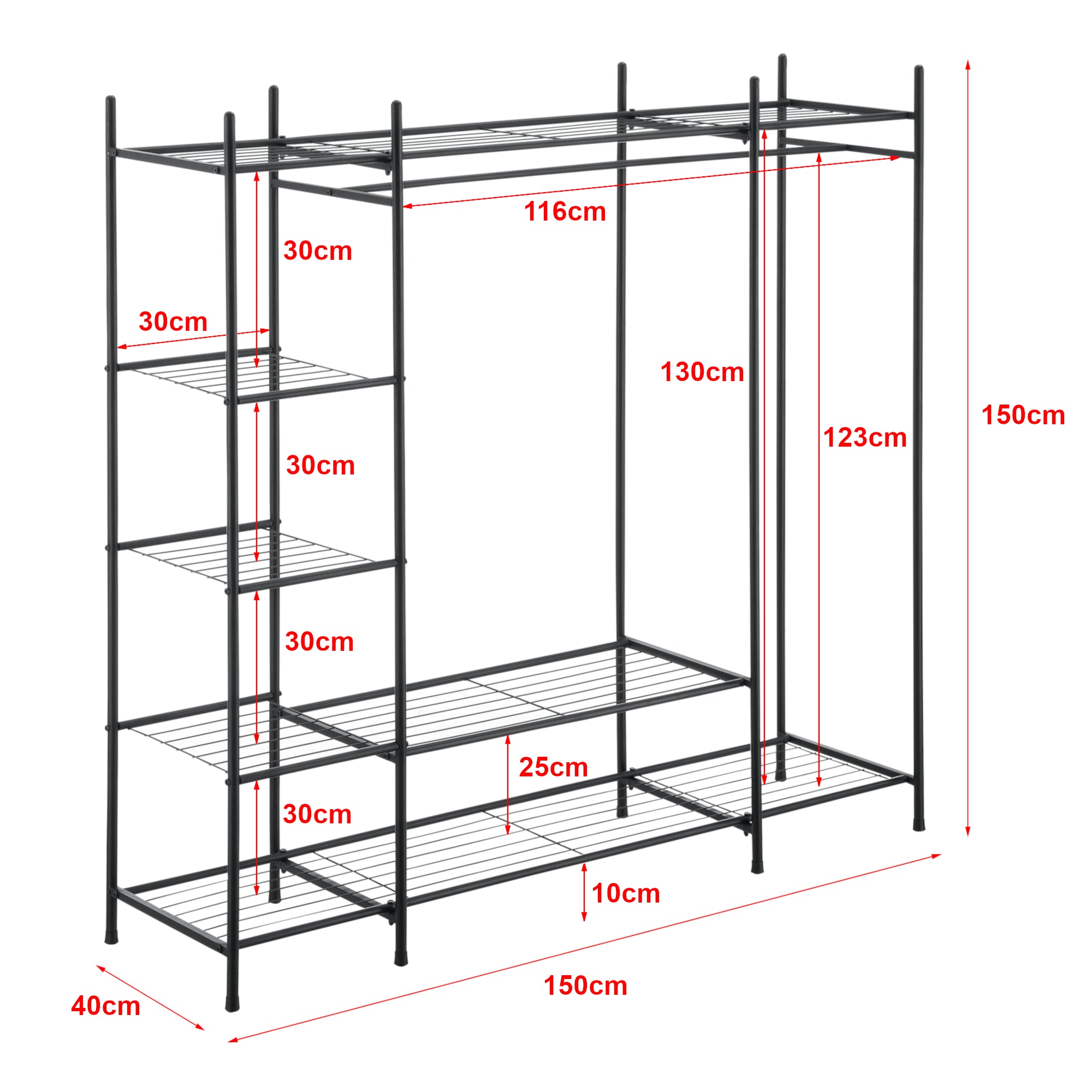 Organizzatore Guardaroba, Scaffalatura con Asta Appendiabiti e 6 Ripiani, Cabina Armadio Senza Ante (AxLaxP) 150 x 150 x