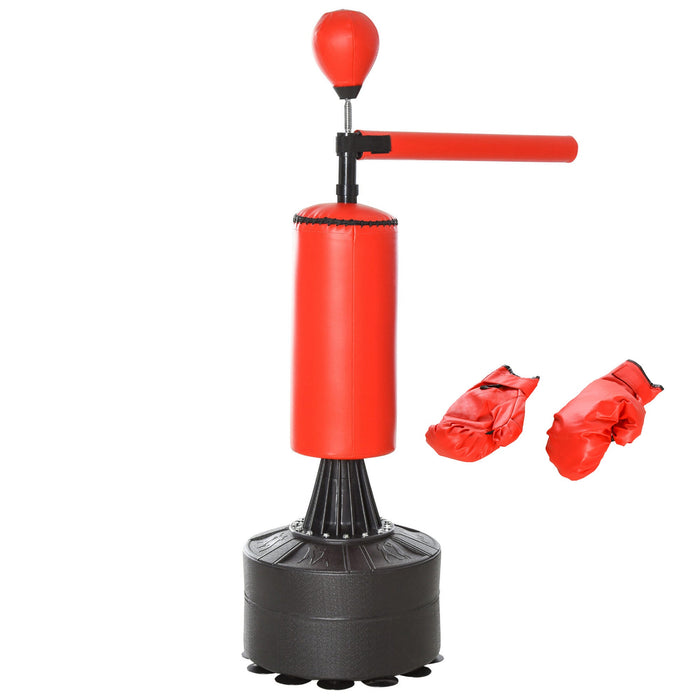 Sacco da Boxe ad Altezza Regolabile 88x48x155-205 cm con Punching Ball e Base Riempibile Rosso e Nero