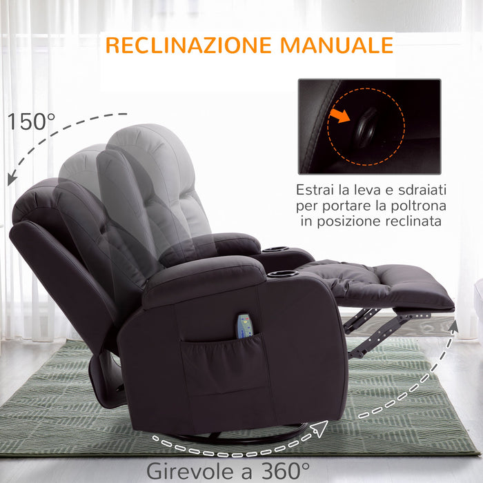 Poltrona Relax Massaggiante a 8 Punti 85x94x104 cm Reclinabile con Telecomando in Similpelle Marrone