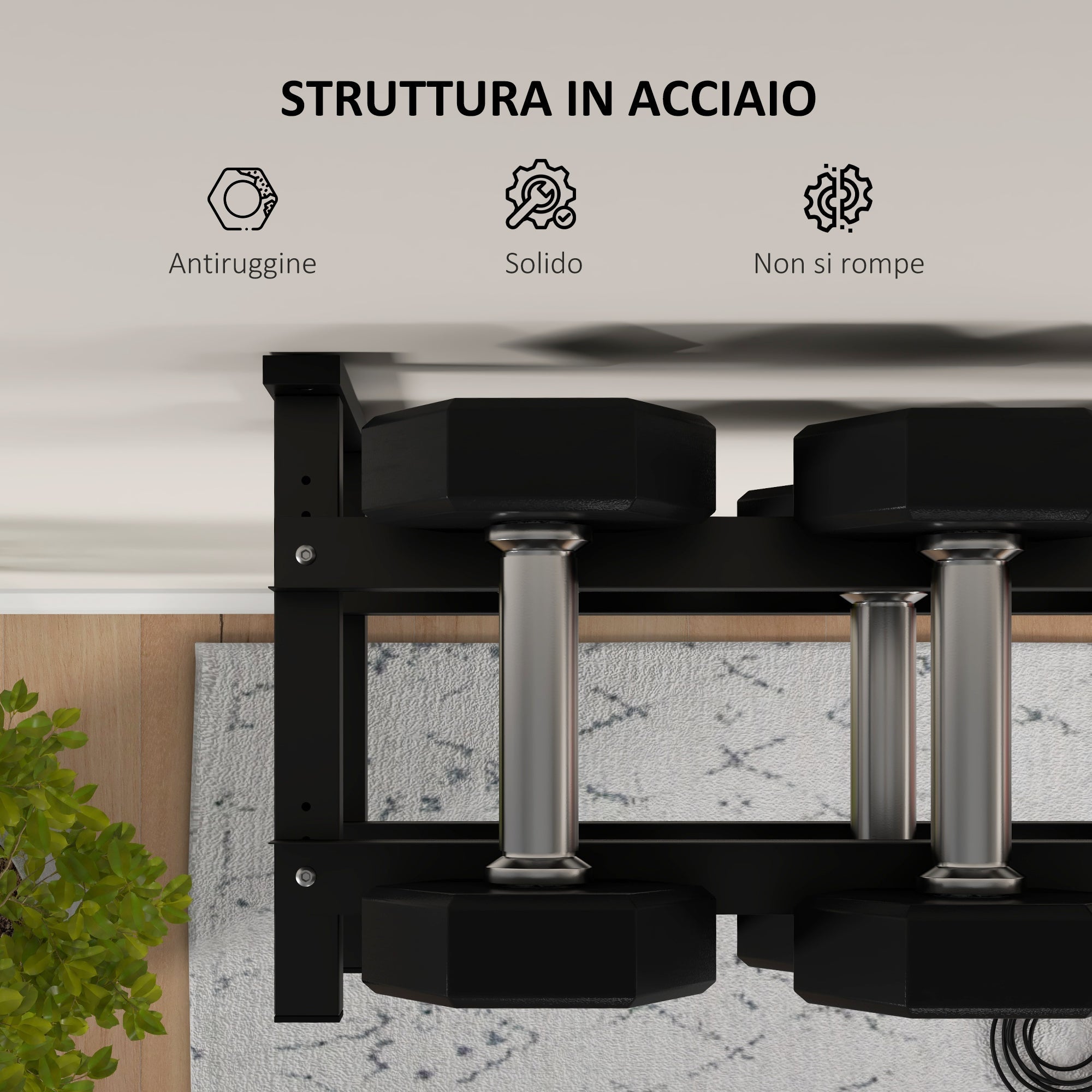 Rastrelliera Porta Manubri a 2 Livelli a Parete per 70kg max 98x40x35 cm in Acciaio Nero