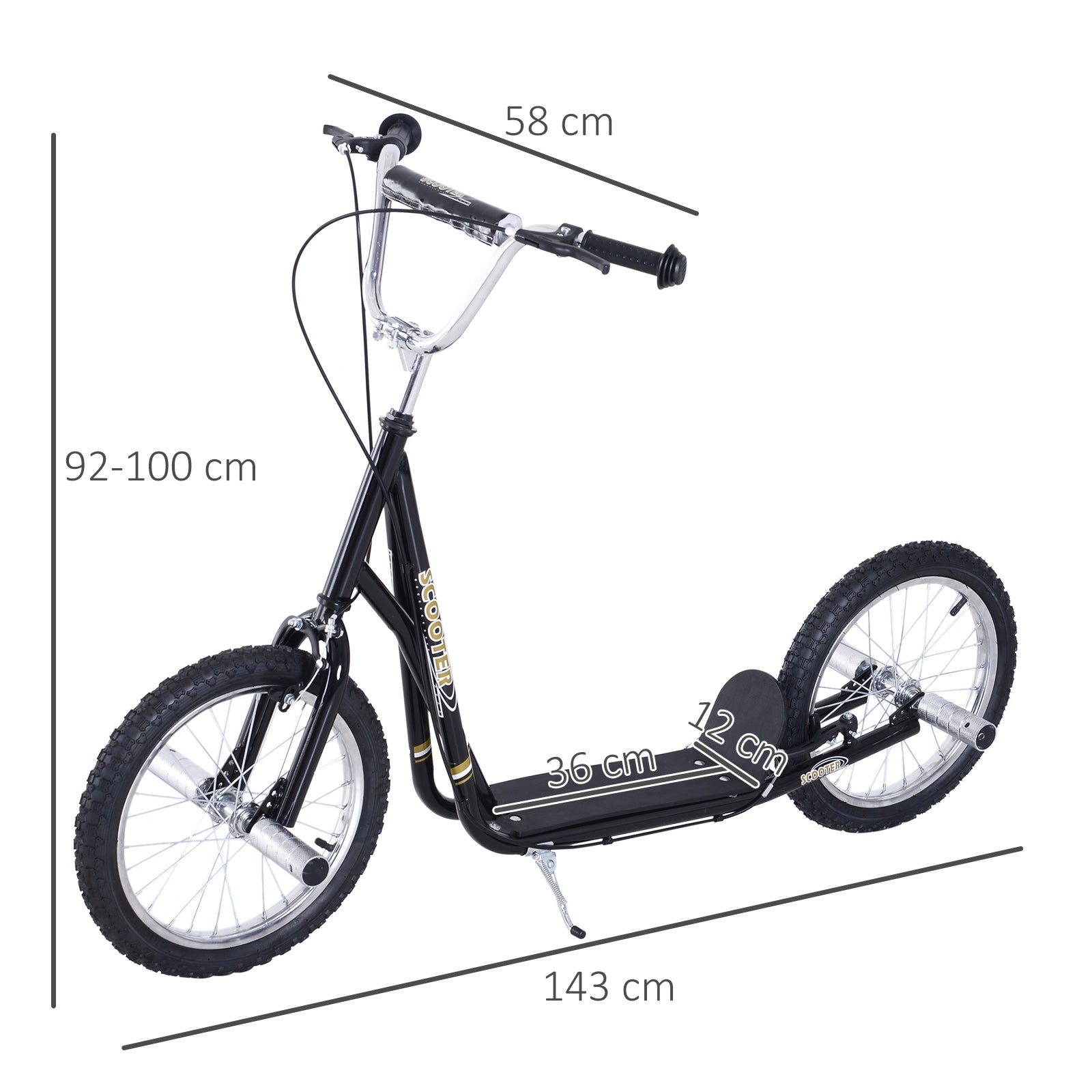 Monopattino per Bambini con Ruote da 16" Altezza Regolabile Freni e Cavalletto Nero