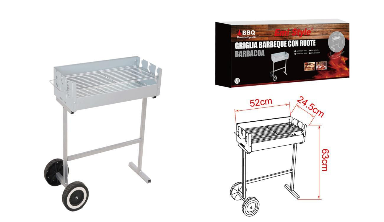 Griglia Barbecue Con Ruote a Carbonella BBQ Carbon 52X25X63cm Acciaio Inox