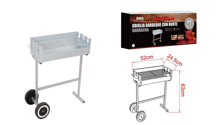 Griglia Barbecue Con Ruote a Carbonella BBQ Carbon 52X25X63cm Acciaio Inox