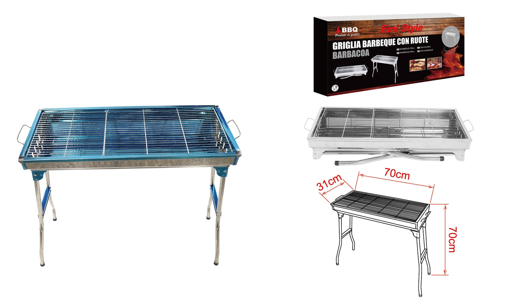 Griglia Barbecue Grande BBQ Carbon 70X31X70cm Acciaio Inox