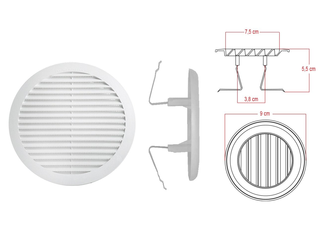 Griglia di Ventilazione Rotonda Con Molla D90mm Foro Regolabile 55-85mm Made In Italy