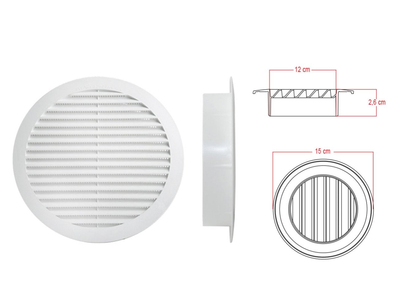 Griglia di Ventilazione Rotonda Griglia Aerazione In Plastica D150mm Foro 120mm Made In Italy