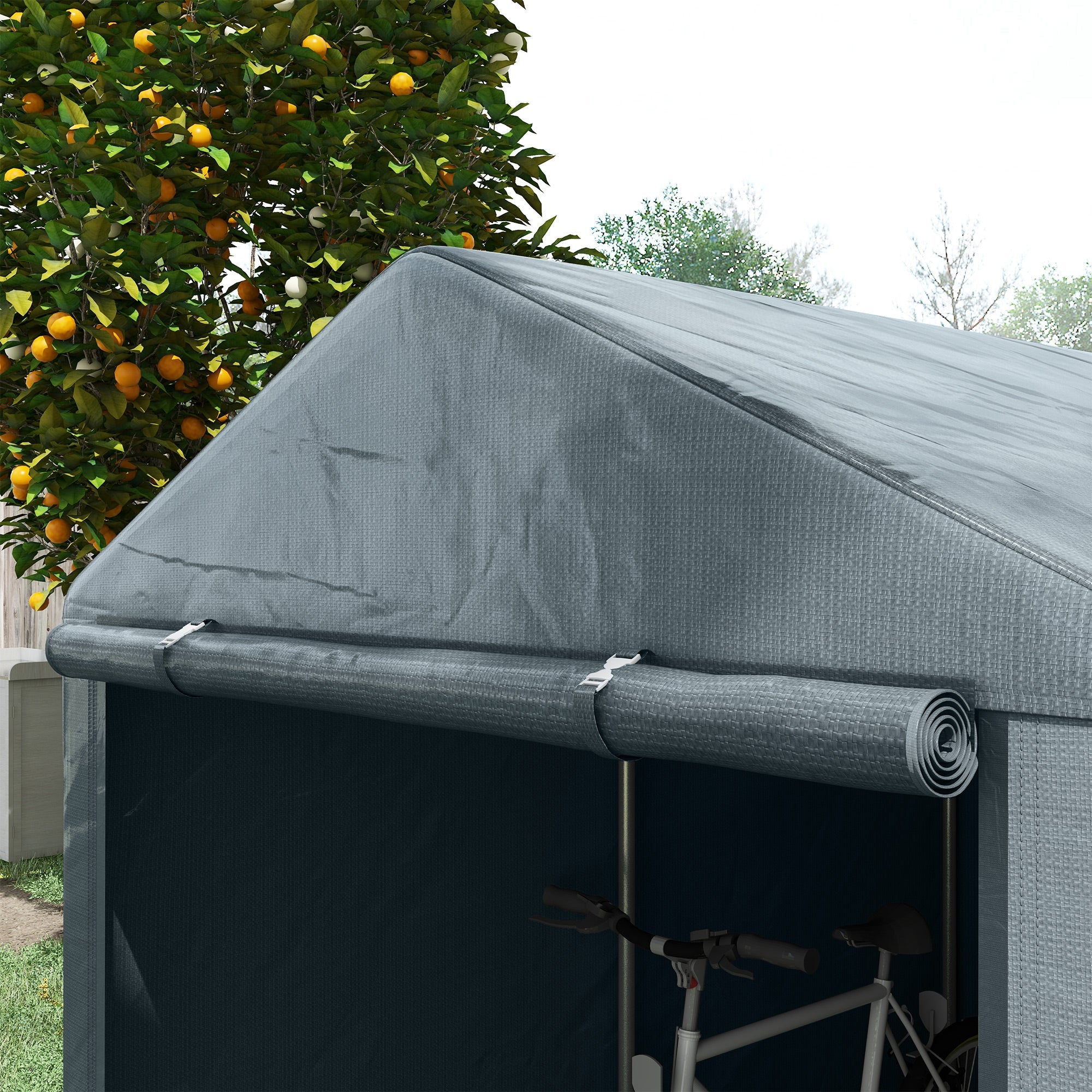 Capanno Box per Attrezzi da Giardino 160x218x172 cm Tenda in PE anti UV e Acciaio Grigio scuso