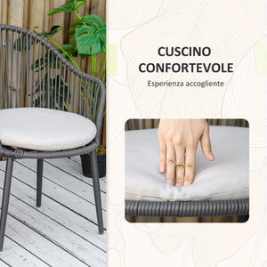 Set Tavolino da Caffè con Piano in Vetro e 2 poltroncine da Giardino in Rattan con Cuscini Grigio