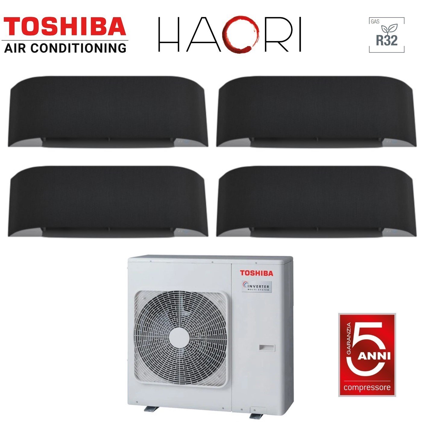 Climatizzatore Condizionatore Toshiba Quadri Split Inverter serie HAORI 13+13+13+13 (12+12+12+12) RAS-4M27U2AVG-E R-32 Wi-Fi Integrato 13000+13000+13000+13000 (12000+12000+12000+12000) Grigio Scuro