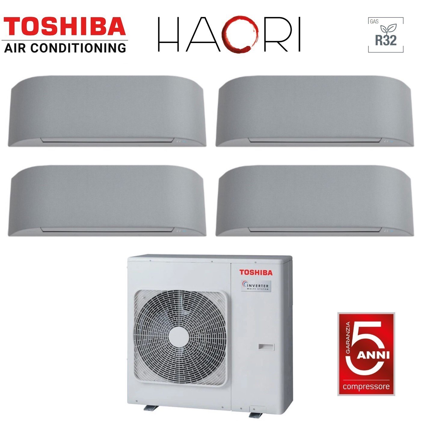 Climatizzatore Condizionatore Toshiba Quadri Split Inverter serie HAORI 10+10+10+13 (9+9+9+12) RAS-4M27U2AVG-E R-32 Wi-Fi Integrato 10000+10000+10000+13000 (9000+9000+9000+12000) Grigio Chiaro