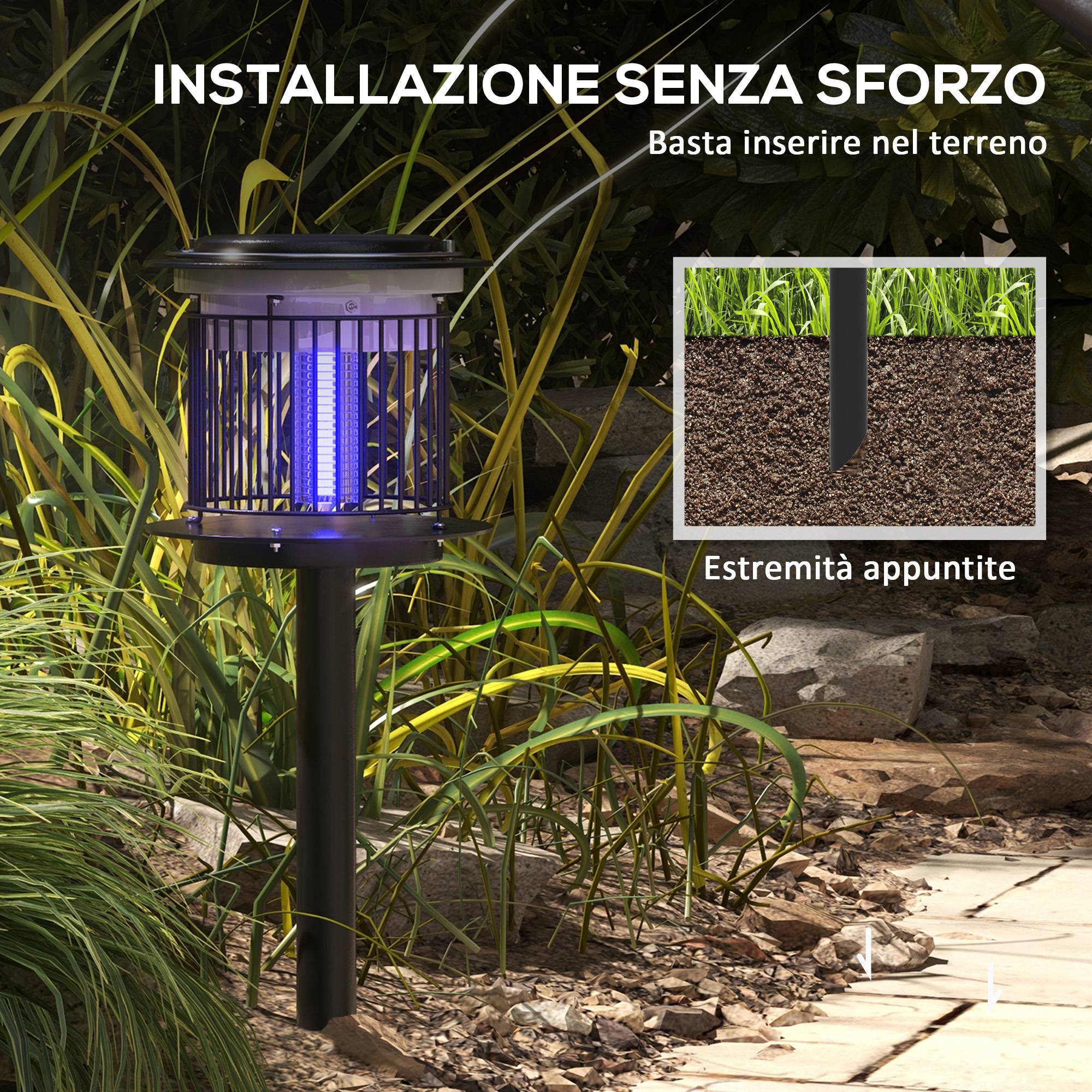 Set 2 Lampade Antizanzare da Esterno 2 in 1 con Luce LED e UV Ø18x45 cm a Ricarica Solare e USB Nero