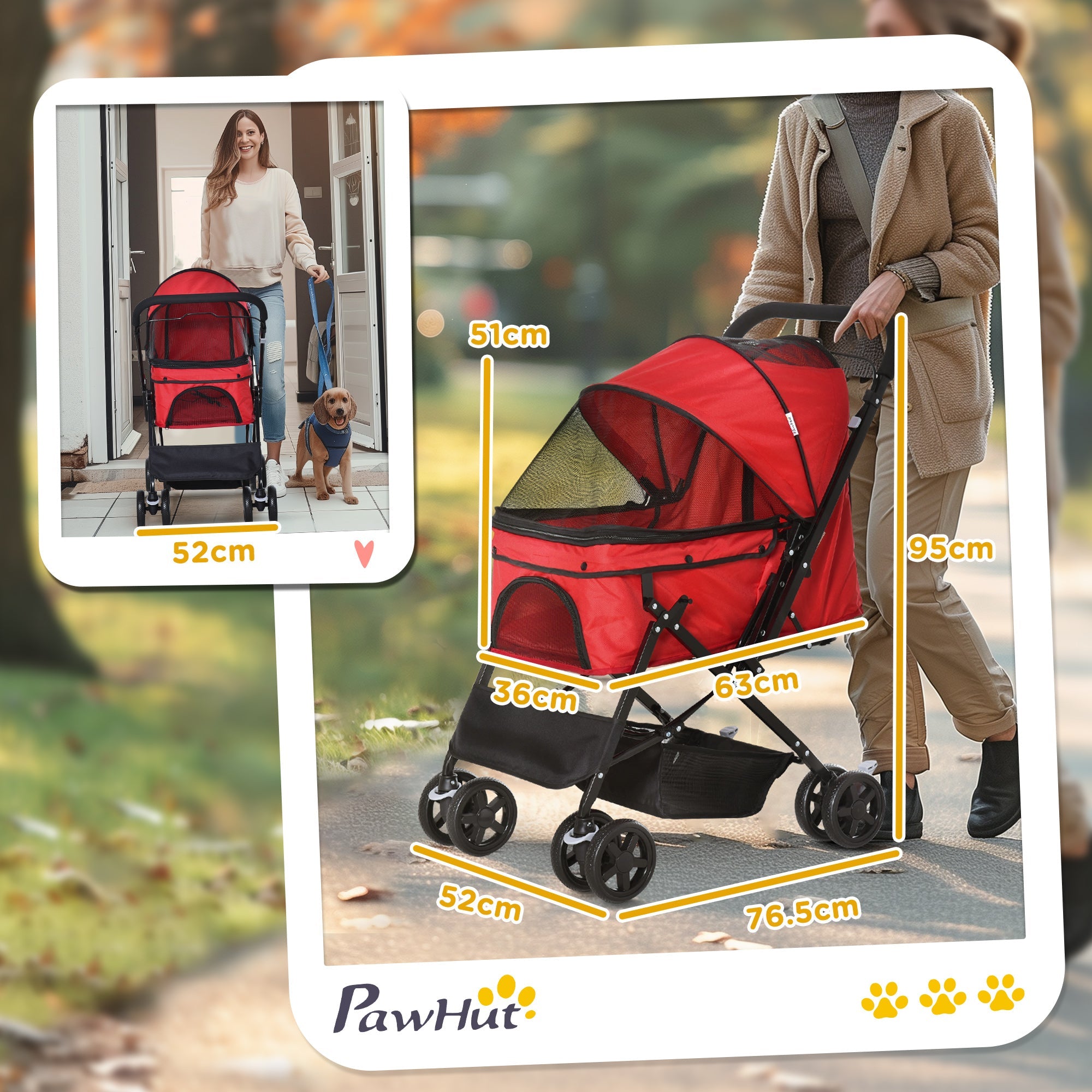 Passeggino per Cani Piccoli Pieghevole Maniglione Reversibile 76,5x52x95cm Rosso