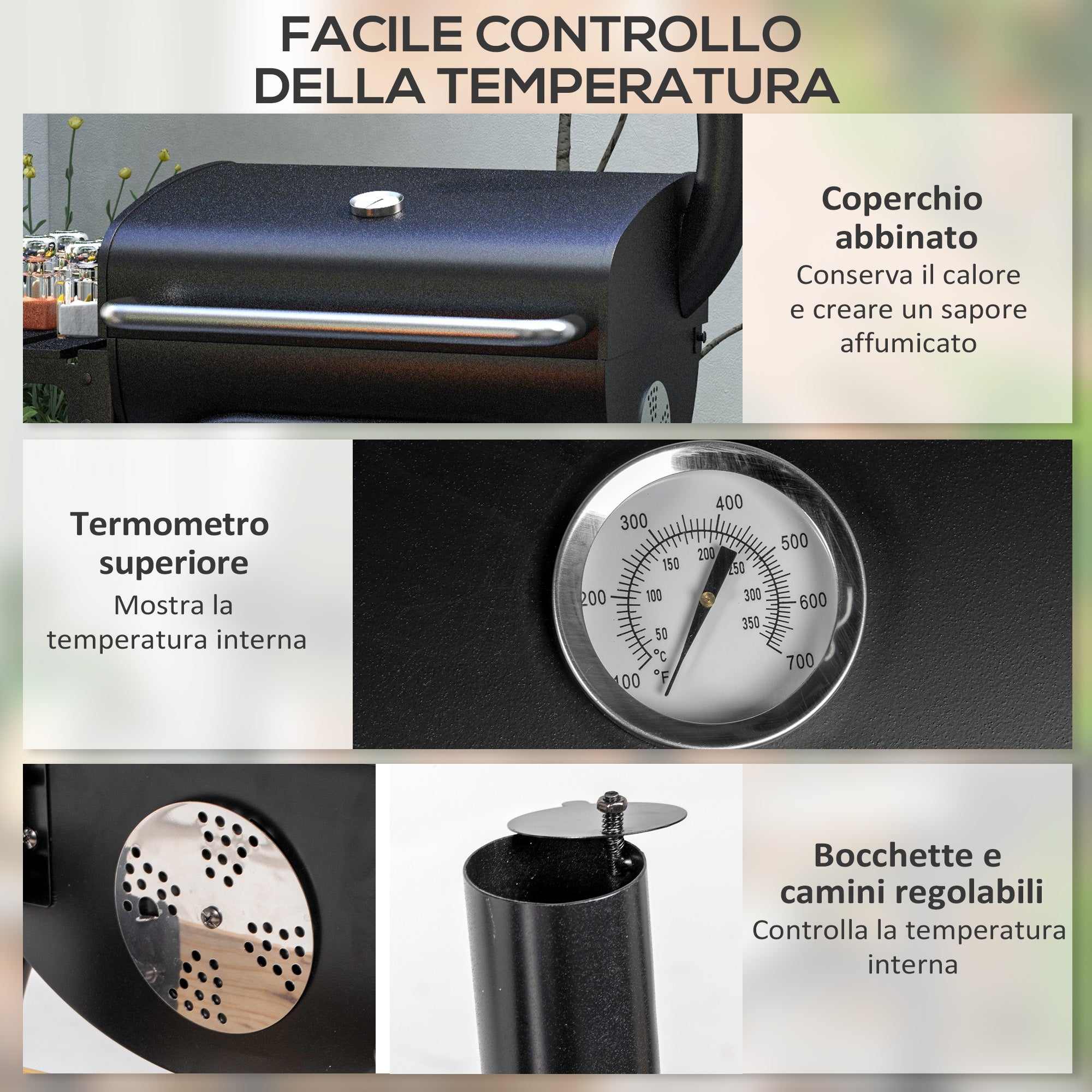 Barbecue a Carbone con Coperchio Termometro e Camino 83x46,5x115 cm in Metallo Nero