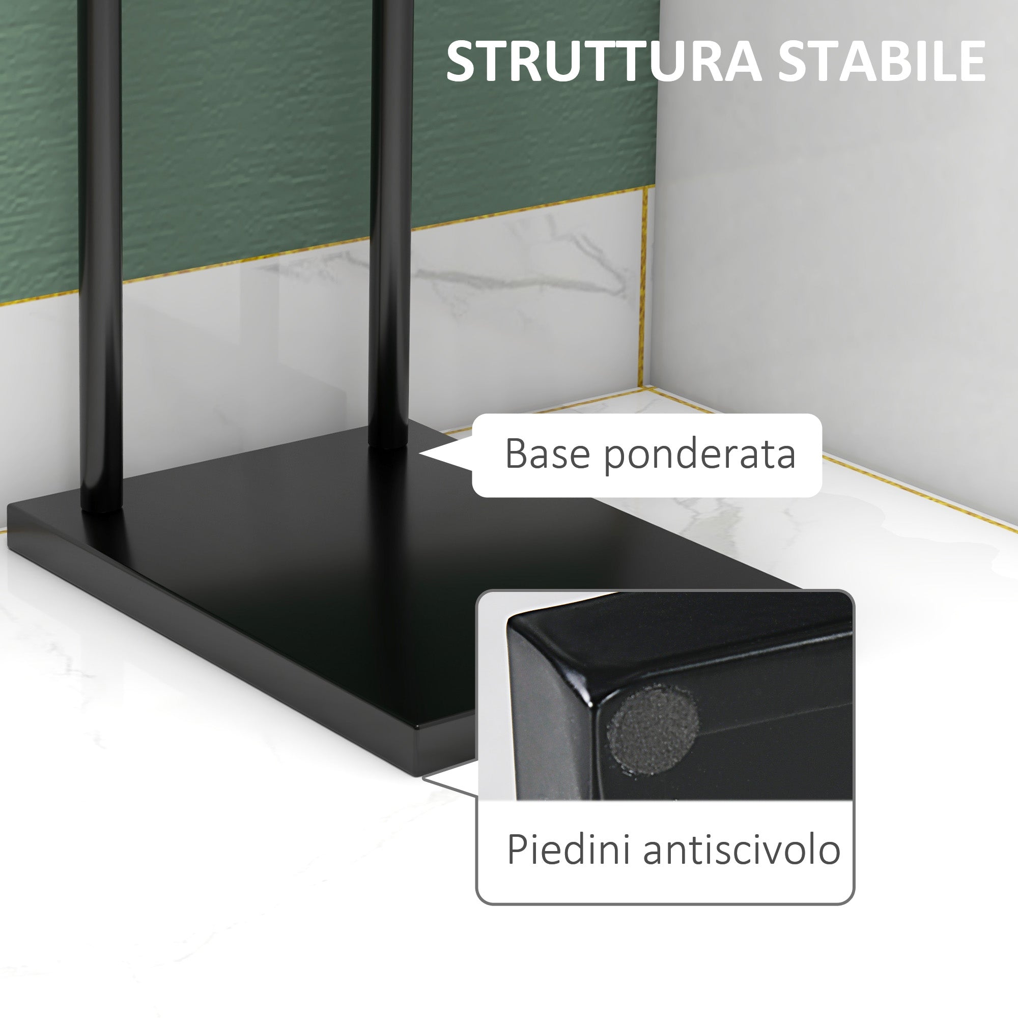 Piantana Portasciugamani da Bagno da Terra Autoportante 2 Bracci in Metallo 35,5x20x78 cm Nero