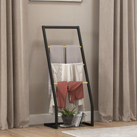 Piantana Portasciugamani da Bagno da Terra 4 Sbarre 40,5x28x98cm in Bambù e Acciaio Nero