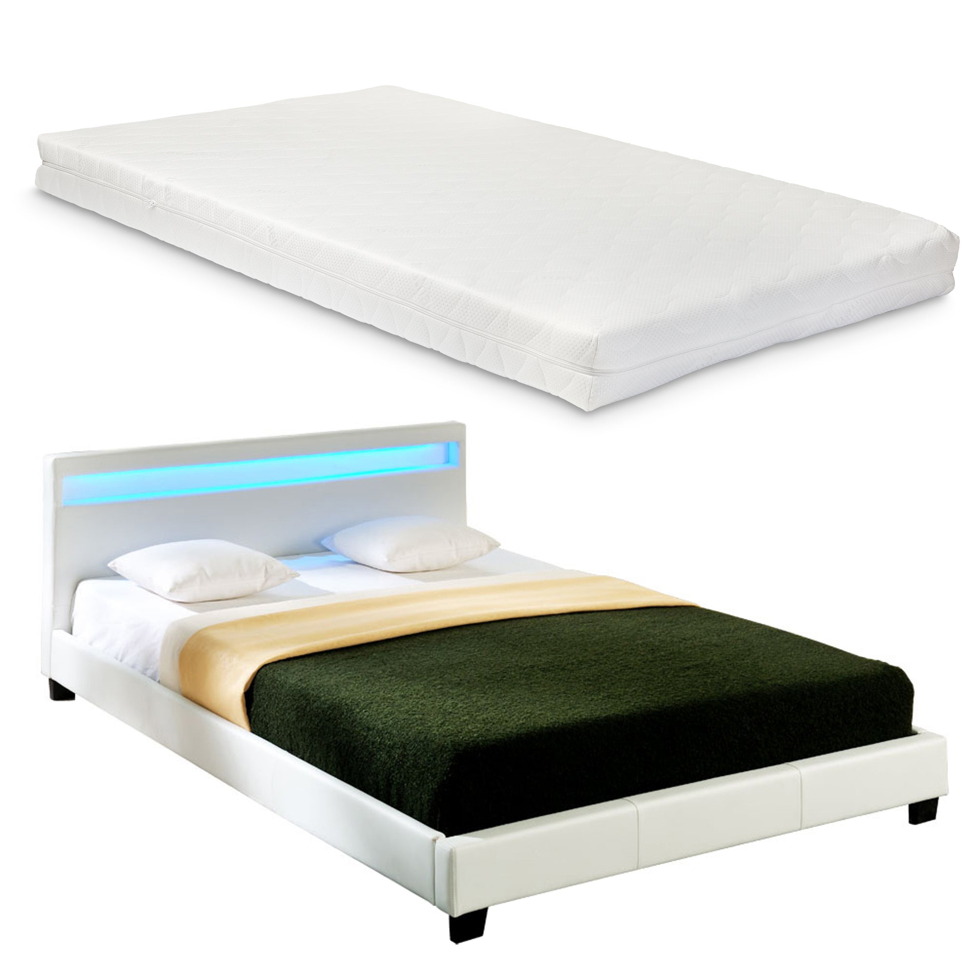 Letto imbottito corium con illuminazione LED (Paris) e materasso (180x200cm)(bianco)(schiuma a freddo) - In similpelle /